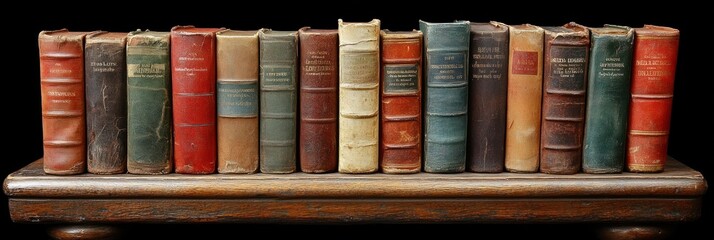 Antiquarian library aged leather books in a row on a wooden shelf against a dark background