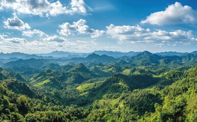 Fototapeta premium Majestic Green Landscape with Rolling Hills and Clear Blue Sky Captured in Daylight, Perfect for Nature and Travel Enthusiasts Seeking Serenity