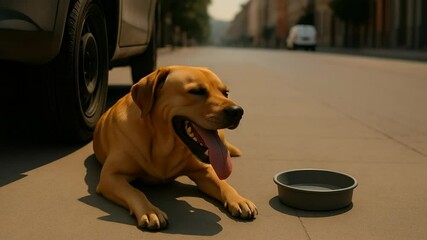A panting dog rests beside a car in the sweltering sun with an empty bowl, overwhelmed by summer heat