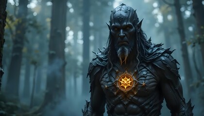 Fototapeta premium Dark Fantasy Character Standing in Forest with Glowing Emblem Artwork