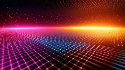 Abstract digital landscape with vibrant neon grid and glowing particles. Futuristic technology background.