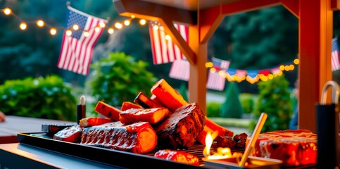  Independence. day . outdoor barbecue scene featuring a large grill packed with sizzling ribs and steaks