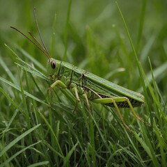 Grasshopper on a Vibrant Green Blade of Grass