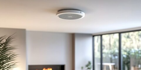 Modern living room ceiling-mounted circular fixtures with large windows looking out on trees and a lit fireplace in the background.