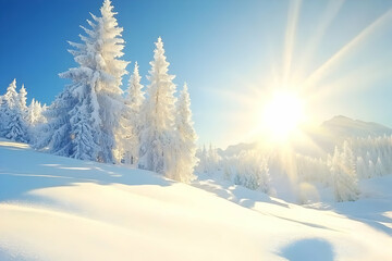 Obraz premium Winter Wonderland: Sunlit Snow-Covered Trees and Mountains