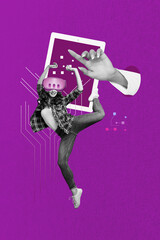 Art image vertical collage of futuristic girl wear vr glasses controller cyberspace freelancer play game tablet screen device