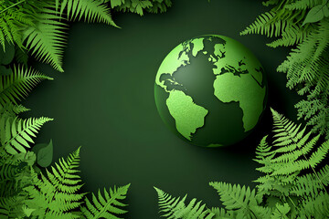 Eco-Conscious Planet: Lush Green Ferns Surround Earth Globe