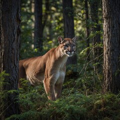 Obraz premium Cougar Stalking Prey Through a Dense Forest