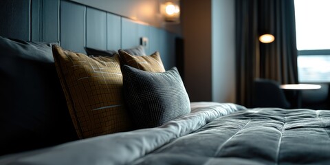 Serene Hotel Room: Textured Pillows and Moody Ambiance