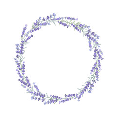 Lavender flowers wreath. Lavandula round frame. Vector isolated illustration. Design element for Provence style.