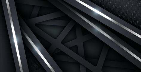 dark abstract background with triangle square black overlap layers. silver list and silver glitters dots element on slash papercut textured background. eps10 vector