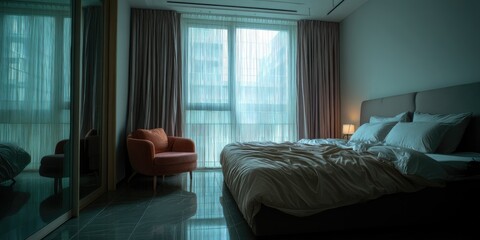 Serene Bedroom: Soft Light, Elegant Bed, and Modern Chair