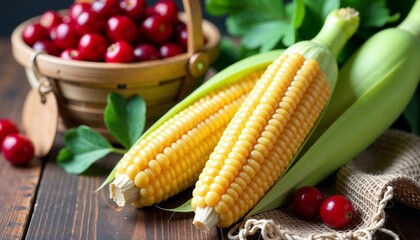 Fresh corn cobs displayed with cranberries and green leaves  