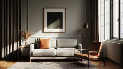 Fototapeta premium Contemporary chic living room in warm tones interior styling modern home cozy ambiance natural light