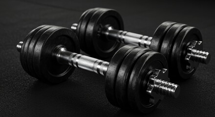 Fototapeta premium Black dumbbells resting on a dark gym floor. Fitness equipment for a workout session. Gym user with exercise equipment. commercial gym -