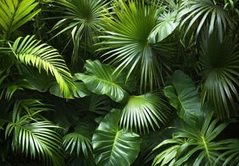 Lush Green Tropical Foliage Showcasing Various Leaf Shapes and Textures in a Dense Jungle Environment Filled with Vibrant and Refreshing Plant Life