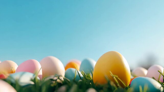 A vibrant arrangement of colorful Easter eggs resting atop lush grass beneath a bright blue sky