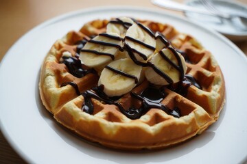 Breakfast waffles with bananas and chocolate