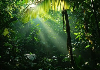 Lush Green Rainforest with Sunlight Filtering Through Canopy and Illuminating Dense Vegetation in Tropical Paradise Setting