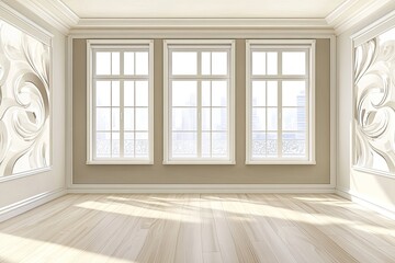 Empty room with large windows overlooking city