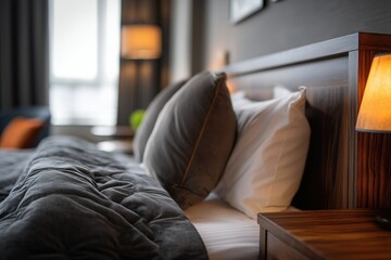 Serene Hotel Bedroom: Dark Wood, Plush Textiles, Warm Lighting