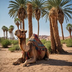 Camel Resting Under a Desert Oasis Palm