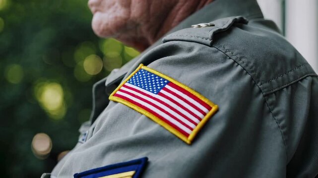 Decorated senior military veteran wearing uniform with american flag patch, embodying patriotism, honor, and personal sacrifice for national service