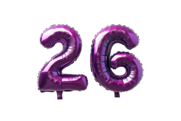 Fun number 26 balloon graphic on white background perfect for social media posts and invitations