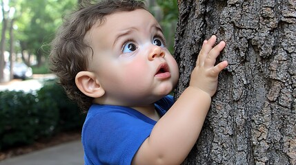 A curious toddler, with dark hair and eyes, stands beside a tree trunk, gazing upwards with a look of wonder and slight apprehension