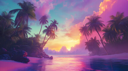 A beautiful tropical beach with palm trees and a calm ocean