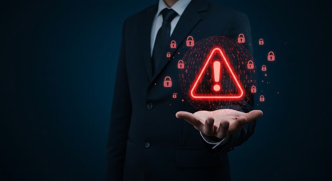 Digital threat showcase: Businessman offering a warning symbol with security locks