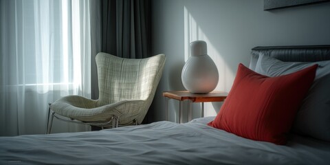 Modern Bedroom Scene: Serene Chair, Red Pillow, and Sunlit Vase