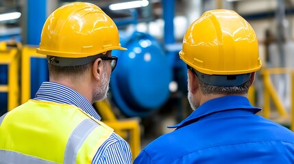 Two workers in hard hats discuss processes within a large industrial facility
