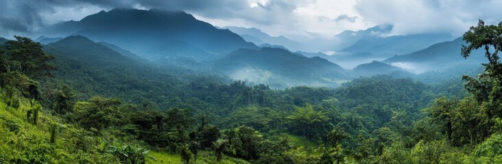 Lush Green Mountain Landscape Under Cloudy Sky with Misty Atmosphere and Vibrant Foliage in a Serene Natural Environment