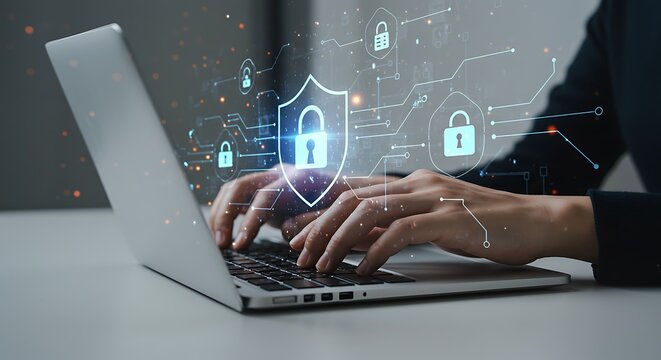 Cybersecurity implementation with laptop for secured network and data protection