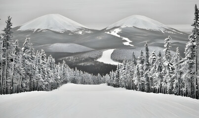 Obraz premium Serene Winter Mountain Landscape: Snow-Covered Peaks and Pine Trees