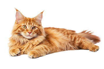 Obraz premium Beautiful orange Maine Coon cat lying on white background perfect for posters cards and home decor