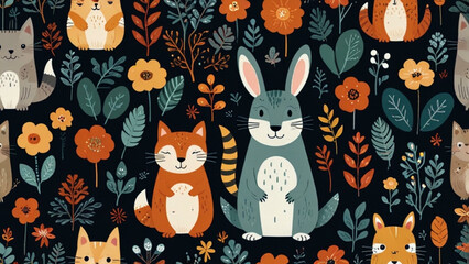 Whimsical Cartoon Animals and Floral Pattern