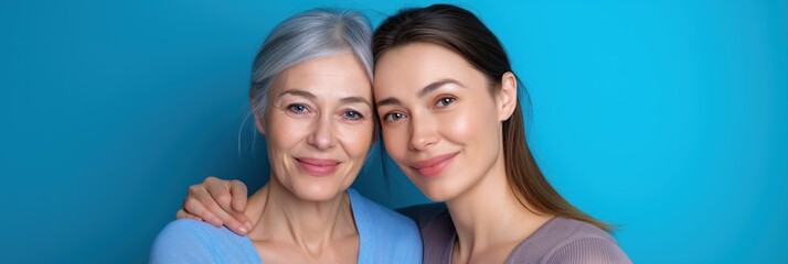 Two women are smiling at the camera. One is older and the other is younger. They are both wearing blue shirts
