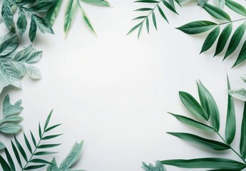 Obraz premium Lush Green Leaves Framing a Clean White Surface for Relaxing Minimalist Nature Background in a Fresh and Inviting Interior Space