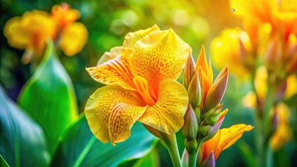 Fototapeta premium Golden Canna Lily Close Up, Macro Photography, Vibrant Yellow Flower, Botanical Garden, Floral Details, Nature Photography, Canna Flower Bloom