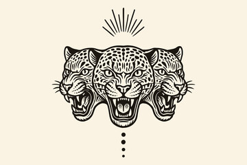 Three roaring leopard heads in bold vintage engraving style © Victoria