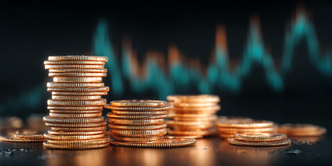 Close-up of gold coins stacked, blurred financial graph background, symbolizing wealth, investment, and financial growth