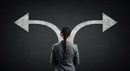 Woman facing two diverging arrows representing choice or decision on dark background.