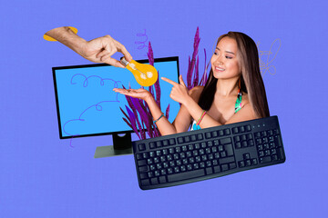 Exclusive artwork banner creative collage of happy businesswoman businessman stand office pc...