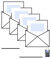 Four open envelopes containing letters in a line with a small cellphone, representing email, communication, digital messaging, correspondence, notifications, teamwork, business updates. Ideal