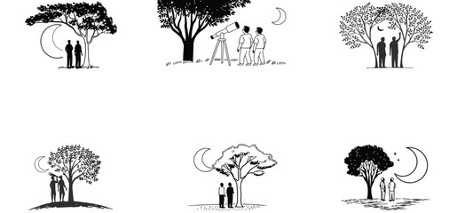 Fototapeta premium Men looking moon under a tree unique hand drawn line art vector art set design