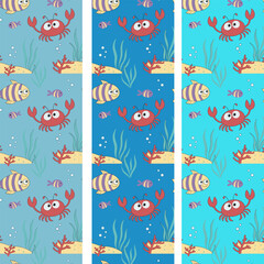 Seamless pattern with cute marine animals. Cartoon sea ornament. Colorful background with ocean underwater characters