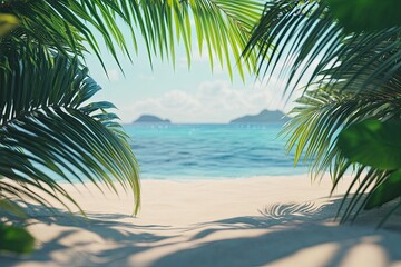 Tropical beach scene framed by palm leaves (1)