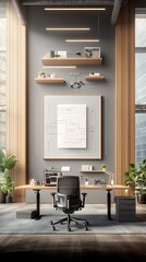 Fototapeta premium Modern office with desk, chair, shelves, art, and greenery, bright space